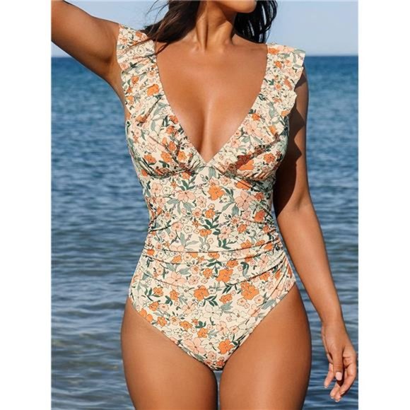 Women's Ruffled One Piece Swimsuit V Neck Lace Up - Picture 2 of 6